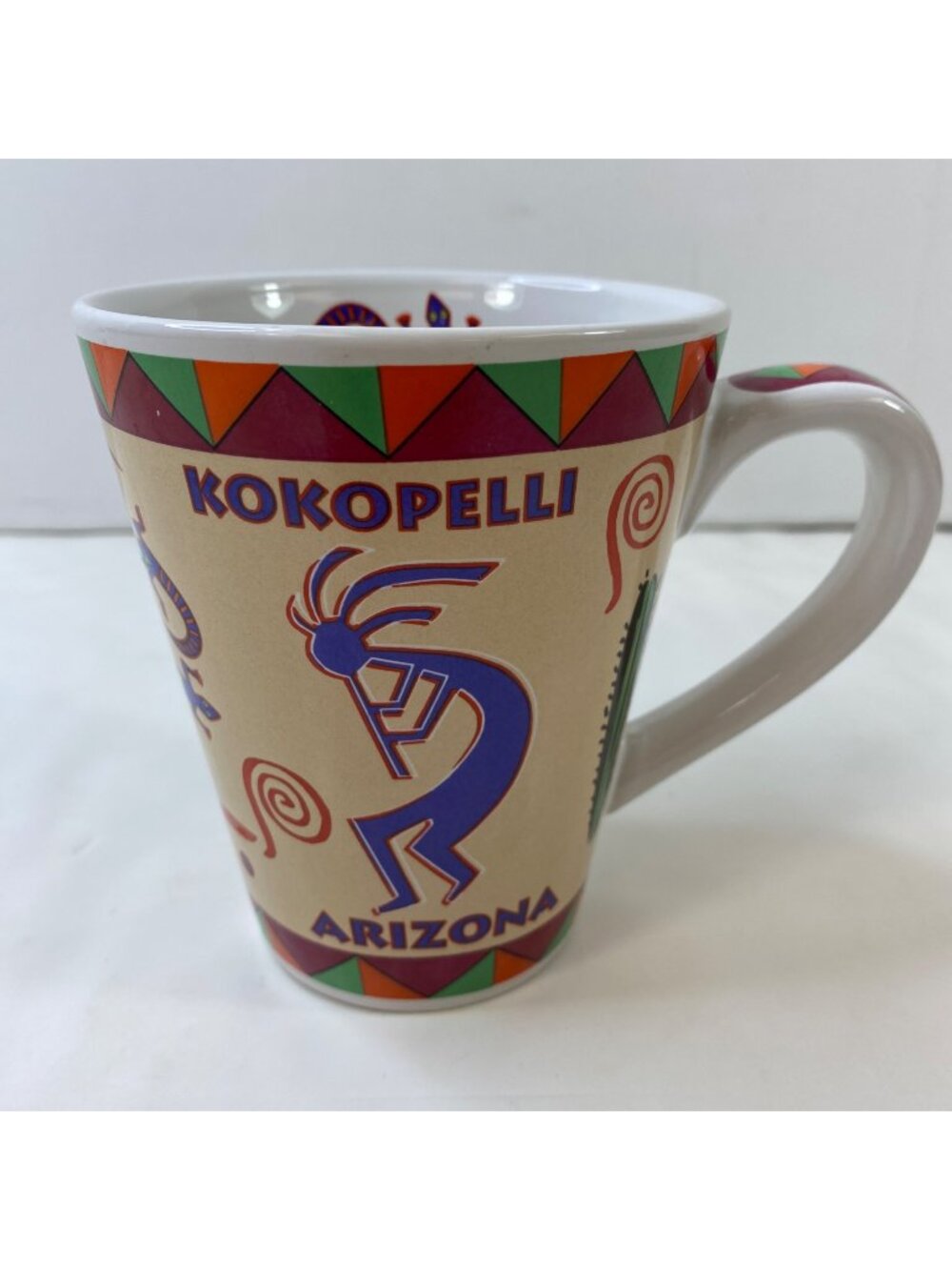 Kokopelli Arizona Ceramic Mug Cactus Sun Desert Landscape Beige Colorful Design